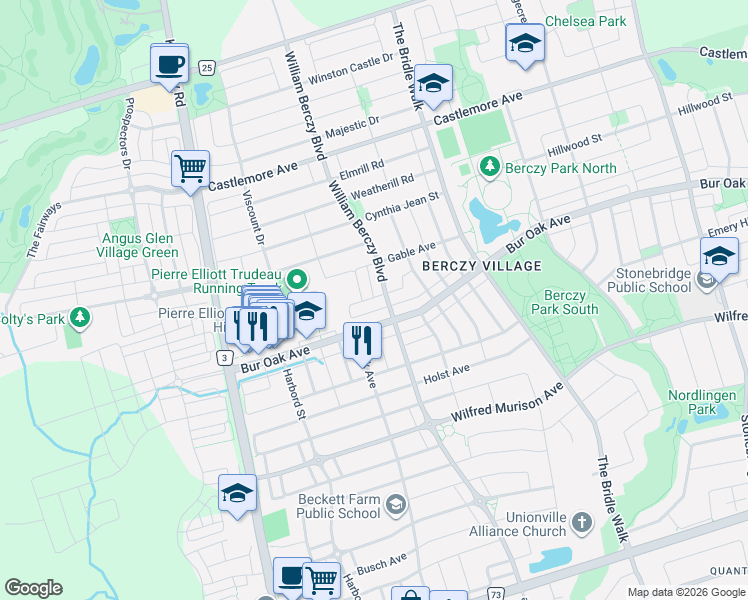 map of restaurants, bars, coffee shops, grocery stores, and more near 11 Olivia Drive in Markham