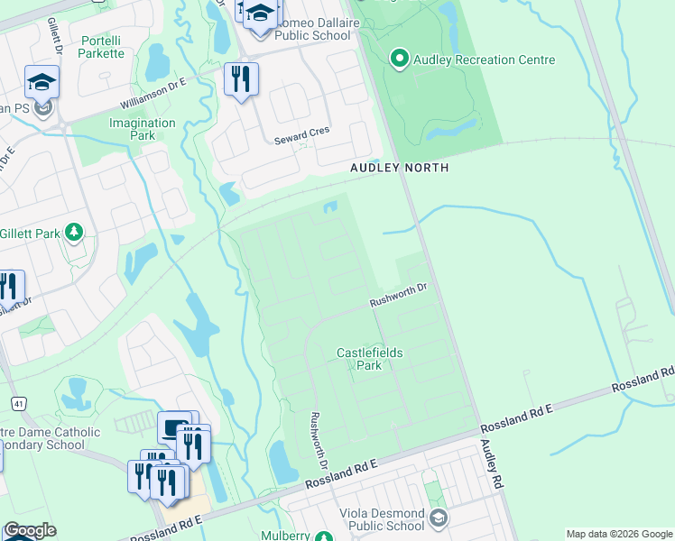 map of restaurants, bars, coffee shops, grocery stores, and more near 43 Bellotti Crescent in Ajax