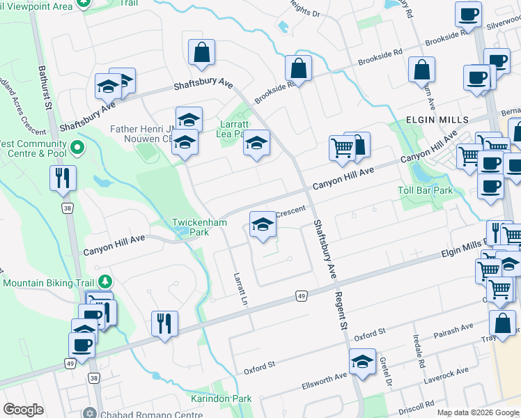 map of restaurants, bars, coffee shops, grocery stores, and more near 111 Canyon Hill Avenue in Richmond Hill