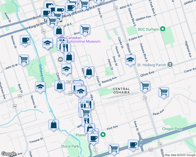 map of restaurants, bars, coffee shops, grocery stores, and more near Barrie Avenue in Oshawa