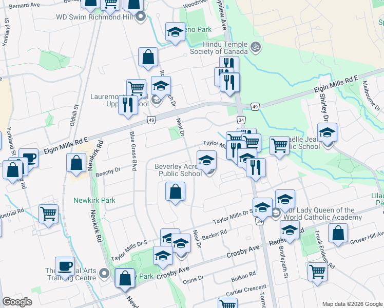 map of restaurants, bars, coffee shops, grocery stores, and more near 333 Neal Drive in Richmond Hill