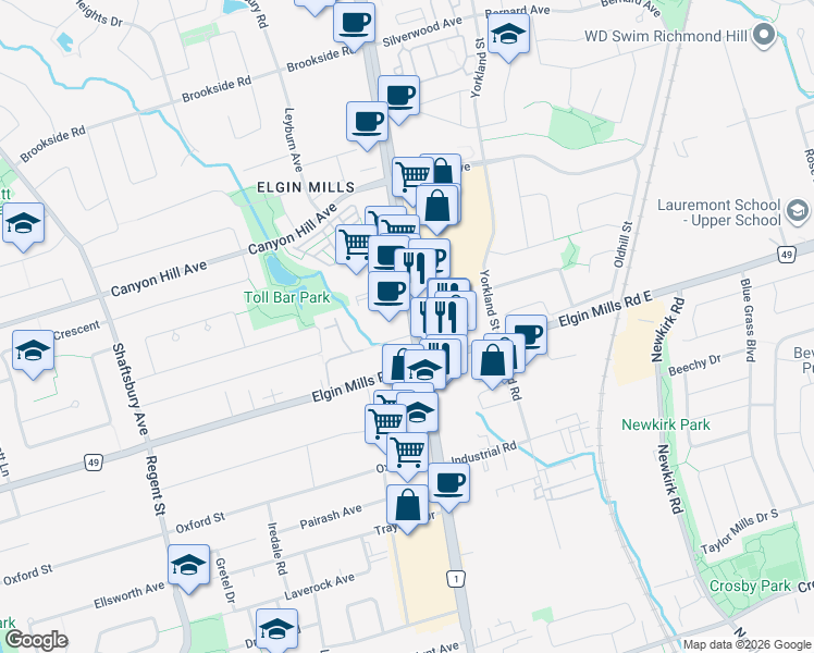 map of restaurants, bars, coffee shops, grocery stores, and more near 10794 Yonge Street in Richmond Hill