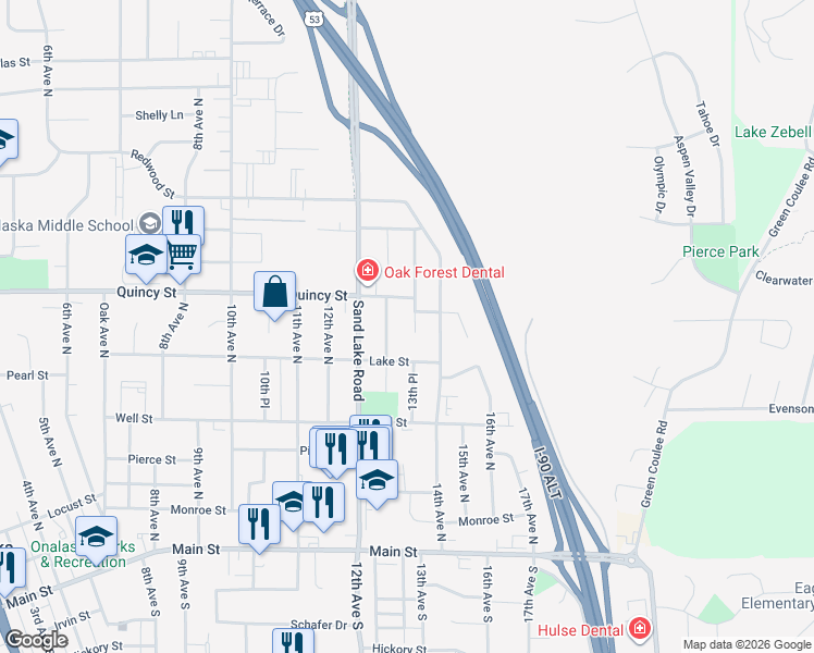 map of restaurants, bars, coffee shops, grocery stores, and more near 1307 Lake Street in Onalaska