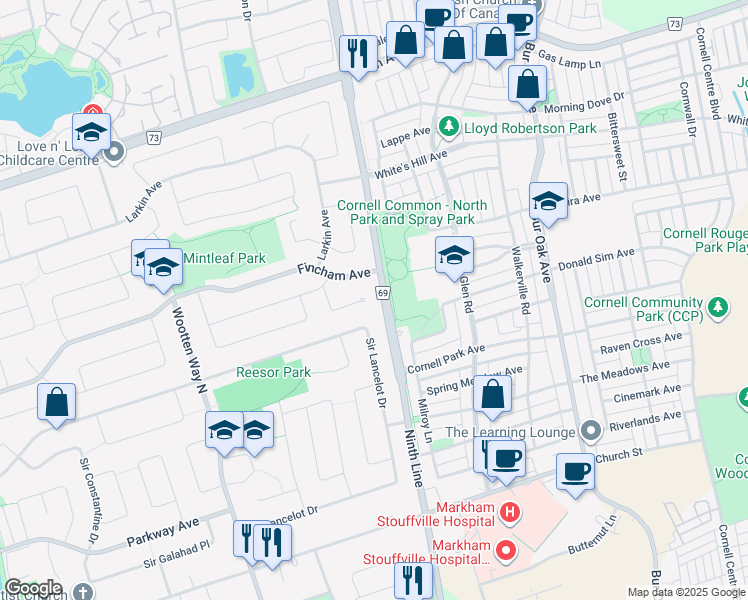 map of restaurants, bars, coffee shops, grocery stores, and more near 33 Fry Court in Markham