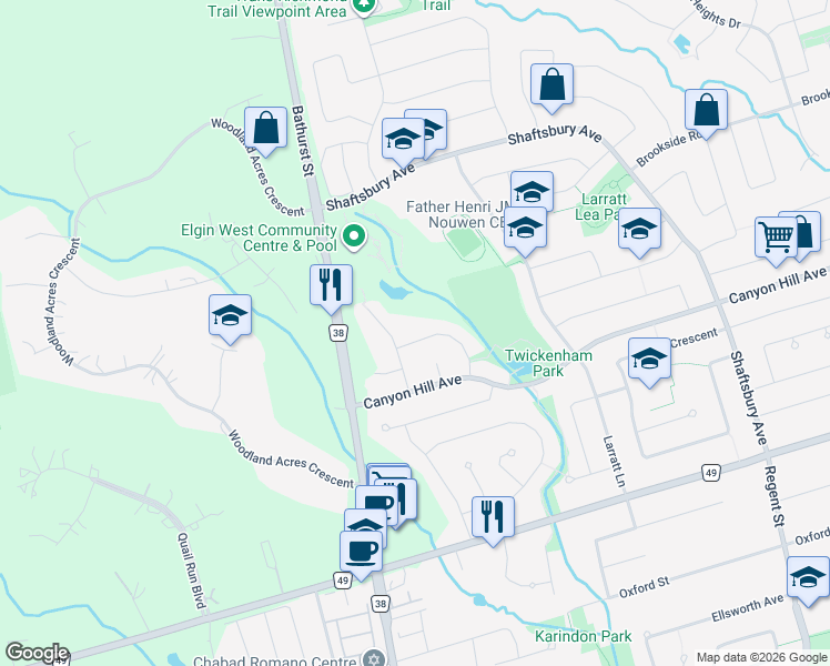 map of restaurants, bars, coffee shops, grocery stores, and more near 16 Sunnyside Drive in Richmond Hill