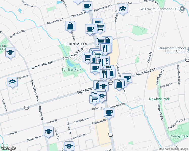 map of restaurants, bars, coffee shops, grocery stores, and more near 6 Leonard Street in Richmond Hill
