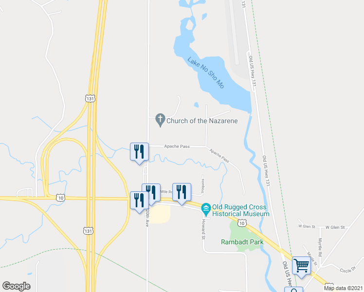 map of restaurants, bars, coffee shops, grocery stores, and more near 21849 Apache Pass in Reed City