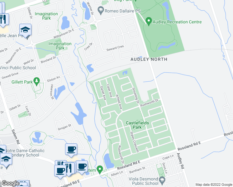 map of restaurants, bars, coffee shops, grocery stores, and more near Arfield Avenue in Ajax