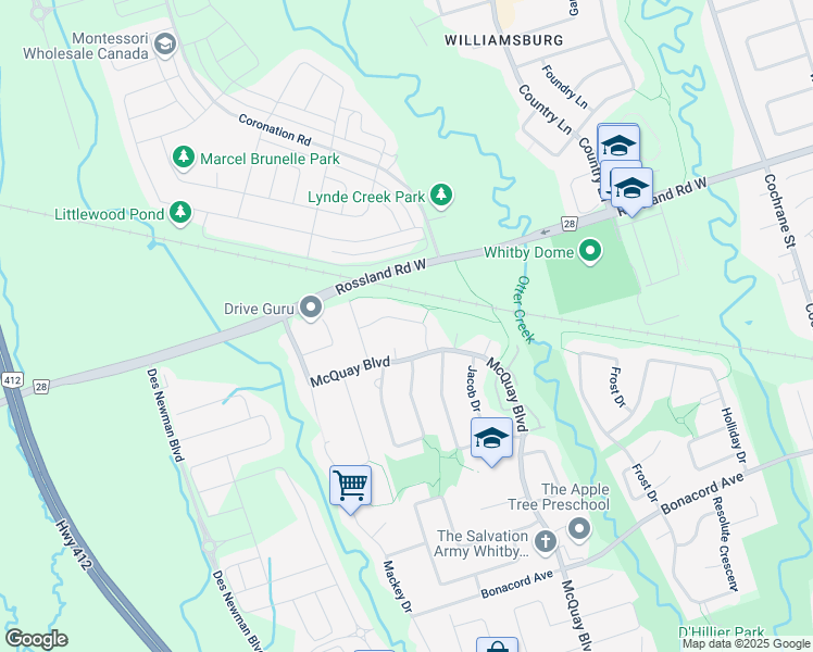map of restaurants, bars, coffee shops, grocery stores, and more near 32 Goldring Drive in Whitby