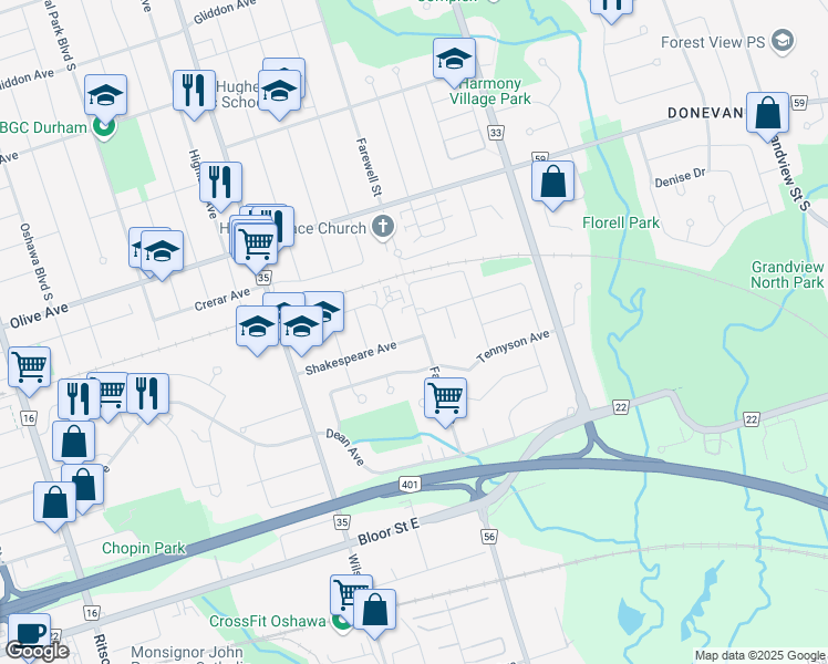 map of restaurants, bars, coffee shops, grocery stores, and more near 674 Shakespeare Avenue in Oshawa