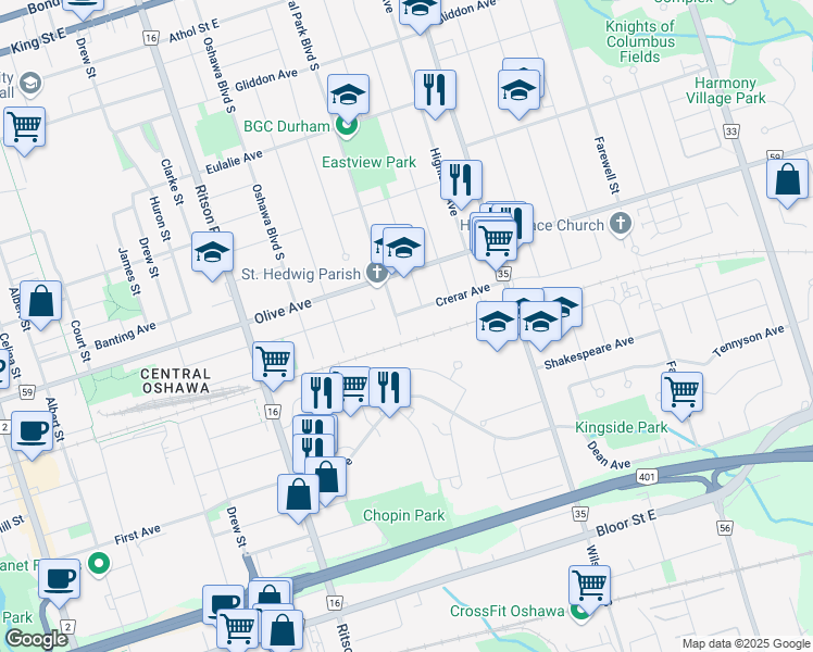 map of restaurants, bars, coffee shops, grocery stores, and more near in Oshawa