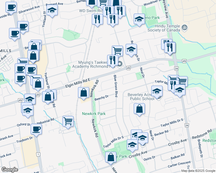 map of restaurants, bars, coffee shops, grocery stores, and more near in Richmond Hill
