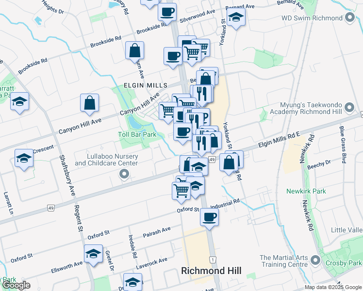 map of restaurants, bars, coffee shops, grocery stores, and more near 6 Leonard Street in Richmond Hill