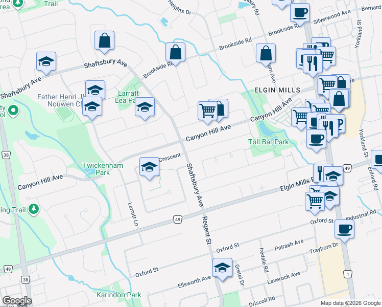 map of restaurants, bars, coffee shops, grocery stores, and more near 88 Gracedale Drive in Richmond Hill