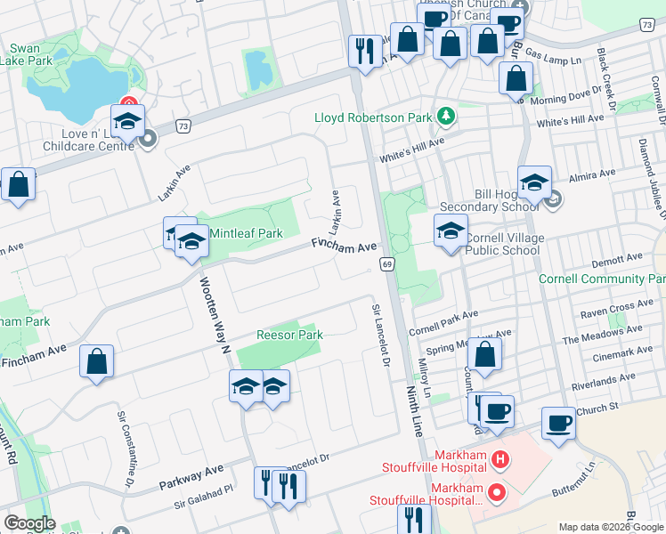 map of restaurants, bars, coffee shops, grocery stores, and more near in Markham