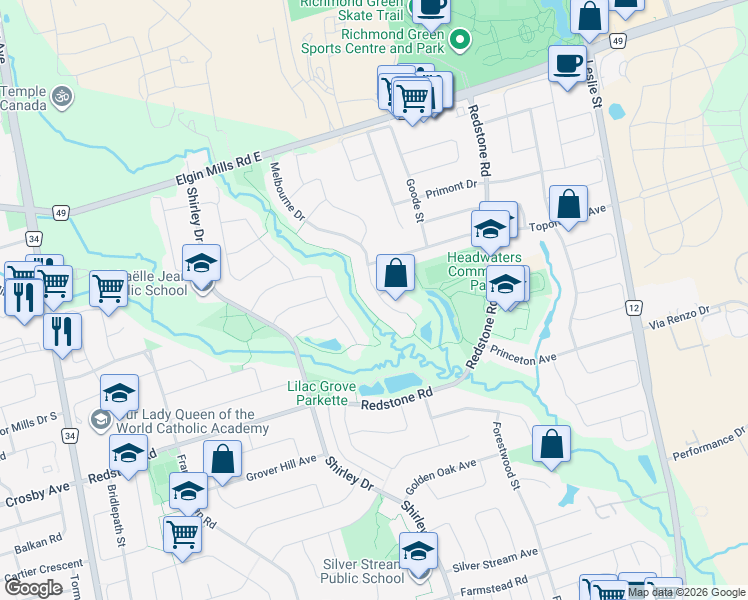 map of restaurants, bars, coffee shops, grocery stores, and more near 112 Melbourne Drive in Richmond Hill