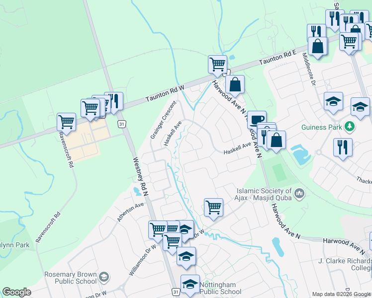 map of restaurants, bars, coffee shops, grocery stores, and more near 8 Mackeller Court in Ajax