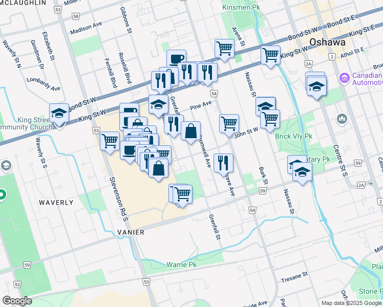 map of restaurants, bars, coffee shops, grocery stores, and more near 129 Grenfell Street in Oshawa
