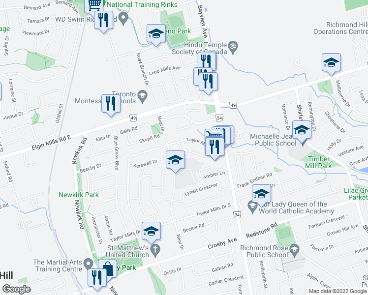 map of restaurants, bars, coffee shops, grocery stores, and more near 385 Marybay Crescent in Richmond Hill