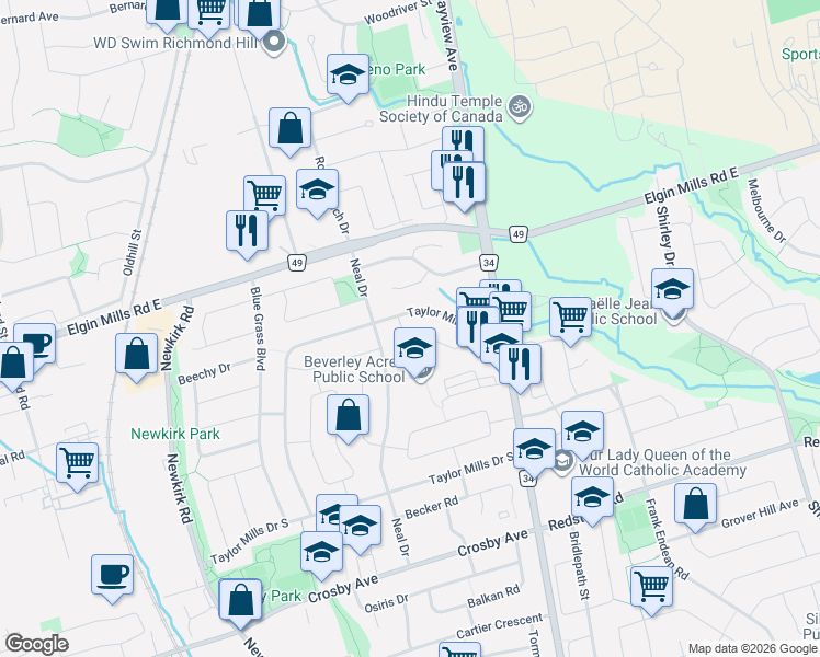 map of restaurants, bars, coffee shops, grocery stores, and more near 385 Marybay Crescent in Richmond Hill