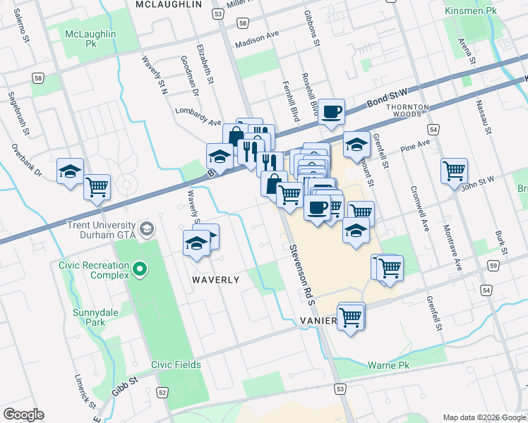 map of restaurants, bars, coffee shops, grocery stores, and more near 75 Durham Street in Oshawa