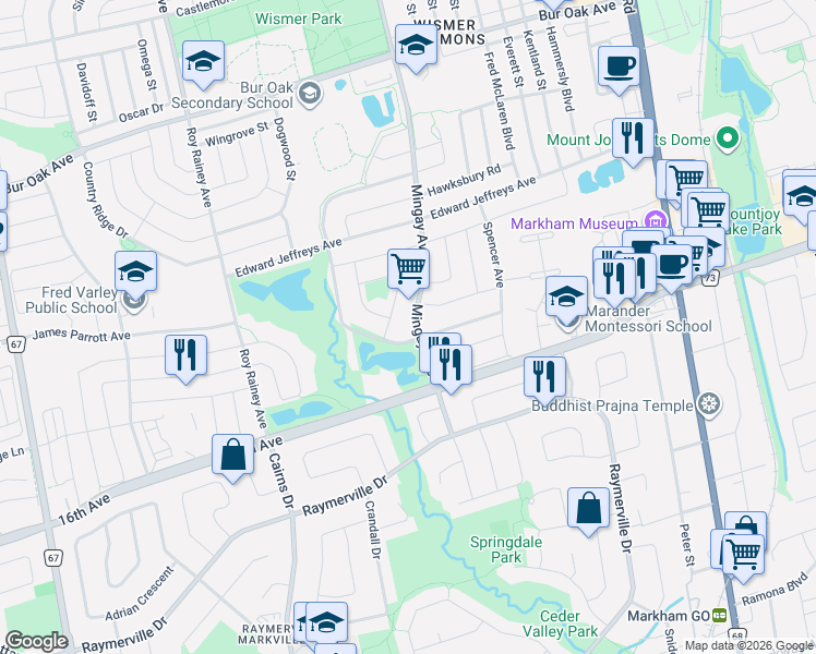 map of restaurants, bars, coffee shops, grocery stores, and more near 13 Mossgrove Street in Markham