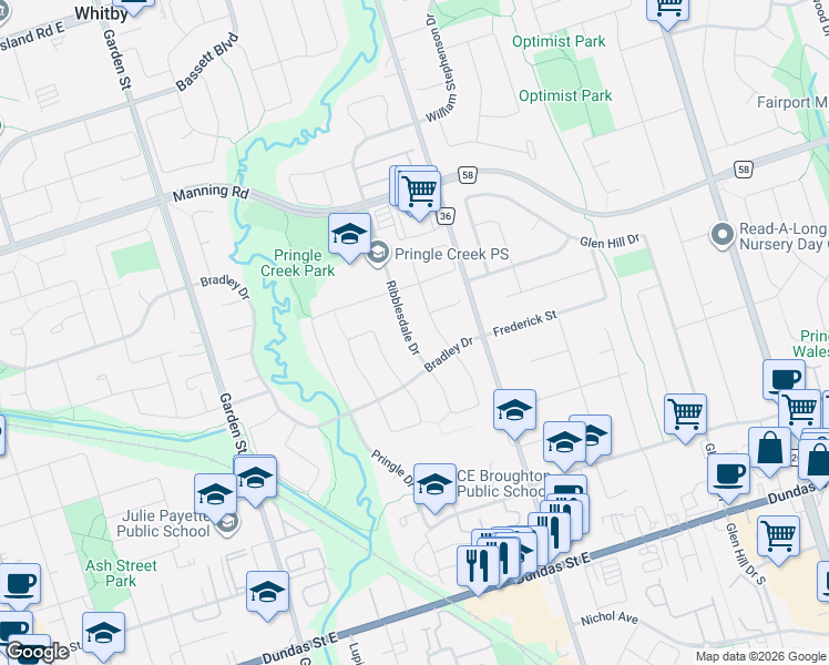 map of restaurants, bars, coffee shops, grocery stores, and more near 15 Ribblesdale Drive in Whitby