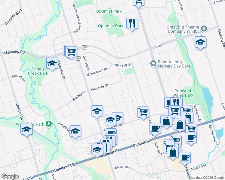 map of restaurants, bars, coffee shops, grocery stores, and more near 603 Stewart Street in Whitby