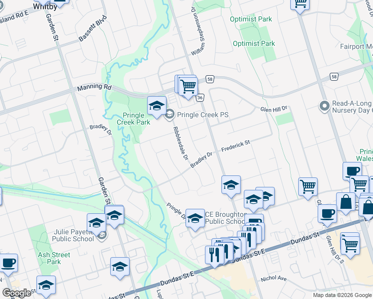 map of restaurants, bars, coffee shops, grocery stores, and more near 24 Ribblesdale Drive in Whitby