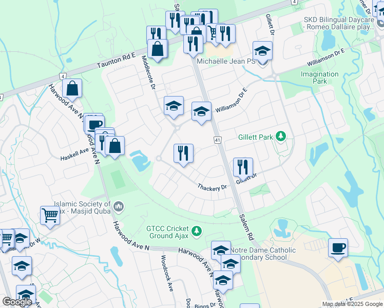 map of restaurants, bars, coffee shops, grocery stores, and more near 26 Hinsley Crescent in Ajax