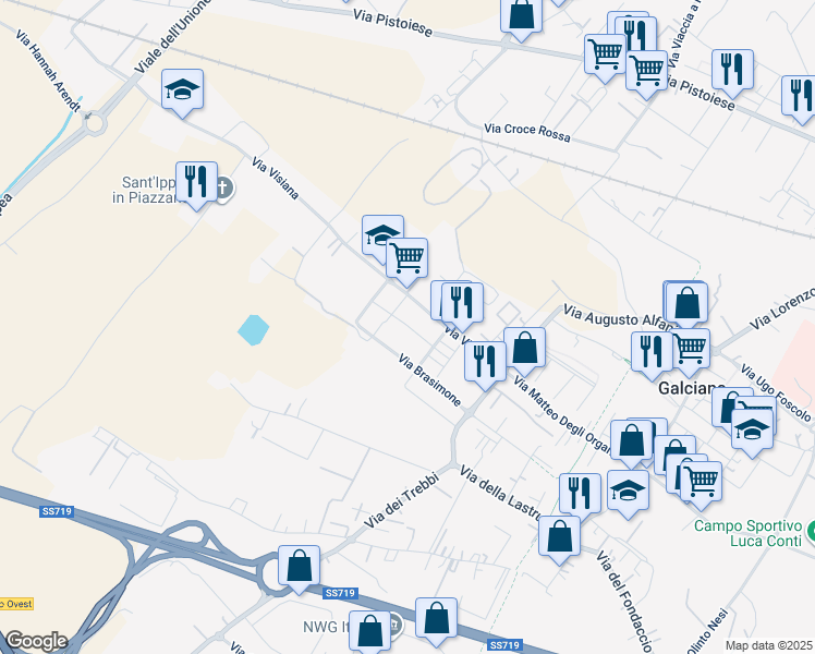 map of restaurants, bars, coffee shops, grocery stores, and more near 91 Via Visiana in Prato