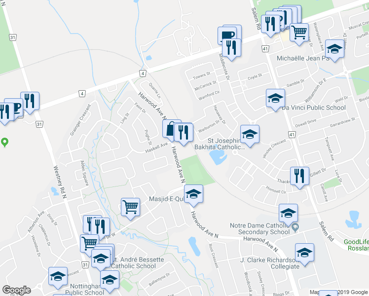 map of restaurants, bars, coffee shops, grocery stores, and more near 1801 Harwood Avenue North in Ajax