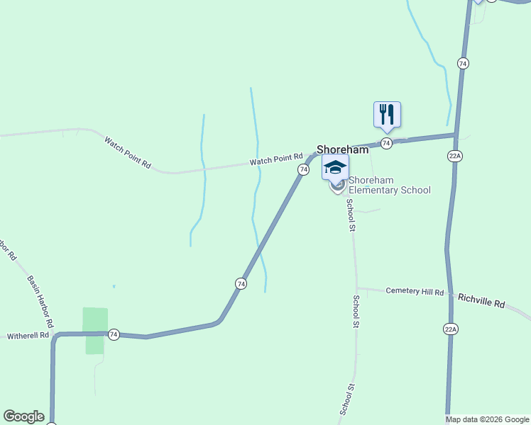 map of restaurants, bars, coffee shops, grocery stores, and more near 1-291 Highway 74 in Shoreham