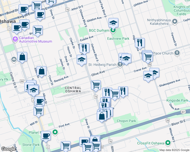 map of restaurants, bars, coffee shops, grocery stores, and more near in Oshawa