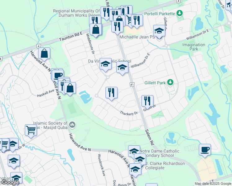 map of restaurants, bars, coffee shops, grocery stores, and more near 26 Hinsley Crescent in Ajax