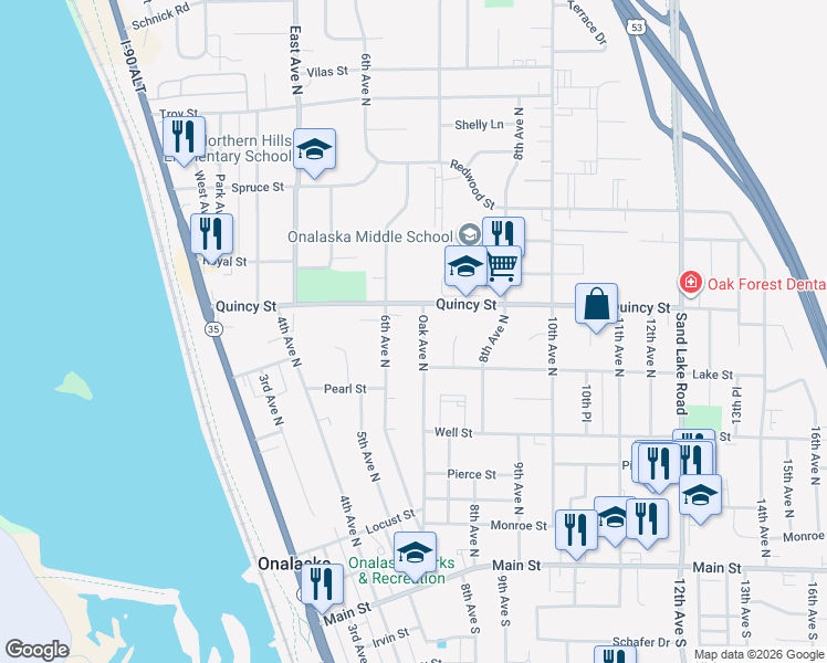 map of restaurants, bars, coffee shops, grocery stores, and more near 624 Oak Avenue North in Onalaska