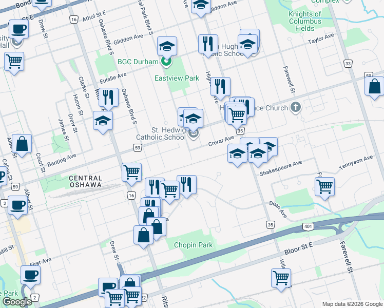 map of restaurants, bars, coffee shops, grocery stores, and more near 429 Crerar Avenue in Oshawa