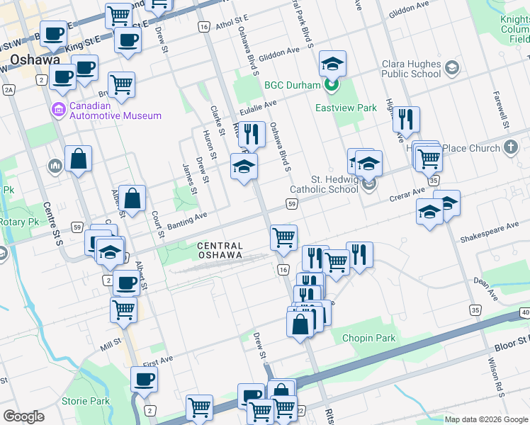 map of restaurants, bars, coffee shops, grocery stores, and more near Ritson Rd S & Olive Ave in Oshawa