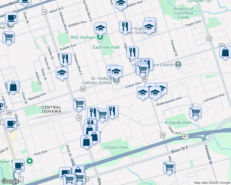 map of restaurants, bars, coffee shops, grocery stores, and more near 429 Crerar Avenue in Oshawa