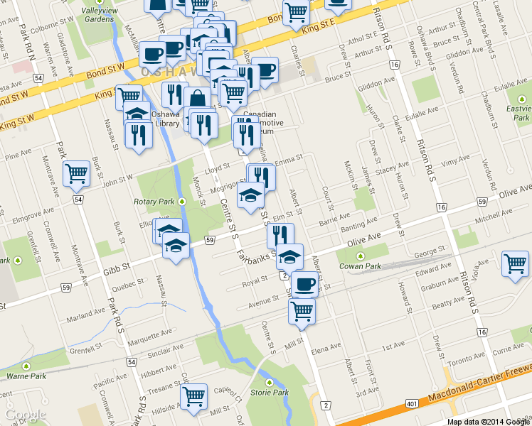 map of restaurants, bars, coffee shops, grocery stores, and more near 251 Simcoe Street South in Oshawa