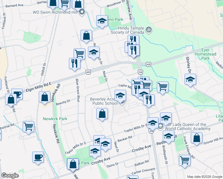 map of restaurants, bars, coffee shops, grocery stores, and more near 339 Neal Drive in Richmond Hill
