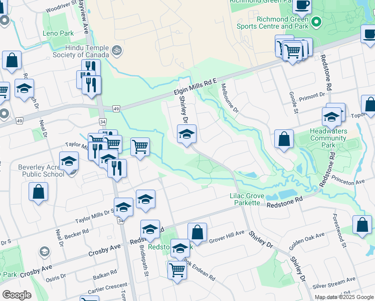 map of restaurants, bars, coffee shops, grocery stores, and more near 310 Shirley Drive in Richmond Hill