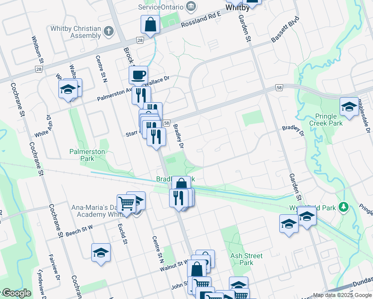 map of restaurants, bars, coffee shops, grocery stores, and more near 527 Bradley Drive in Whitby