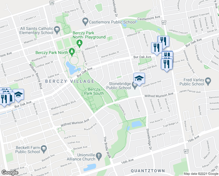 map of restaurants, bars, coffee shops, grocery stores, and more near 7 Thomas Bales Drive in Markham