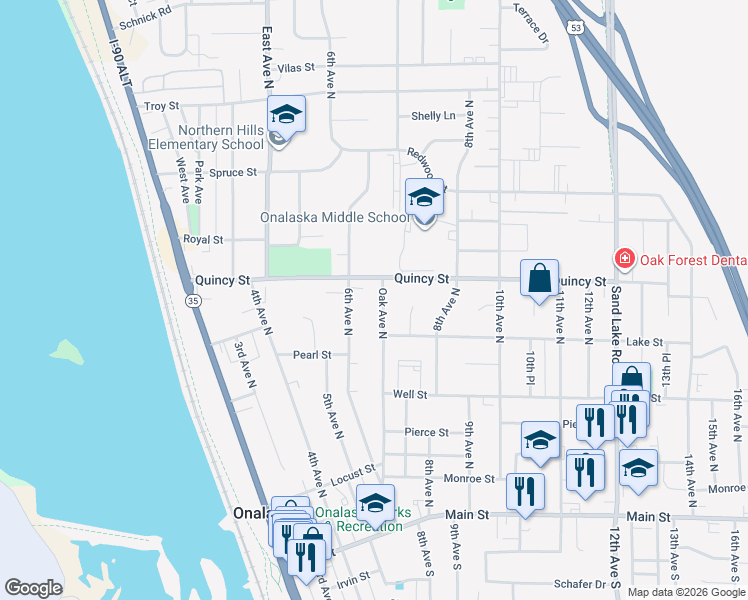 map of restaurants, bars, coffee shops, grocery stores, and more near 624 Oak Avenue North in Onalaska