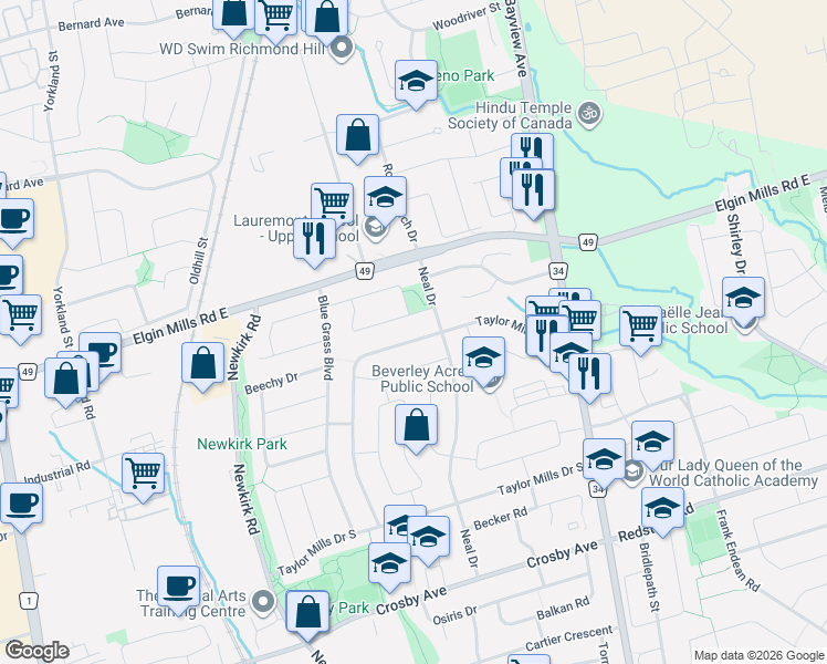 map of restaurants, bars, coffee shops, grocery stores, and more near 339 Taylor Mills Drive North in Richmond Hill