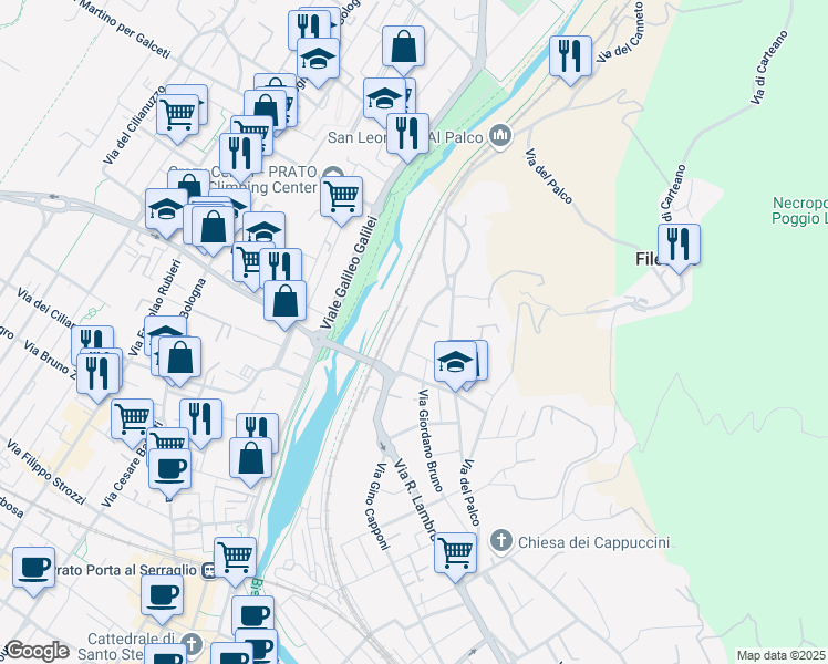 map of restaurants, bars, coffee shops, grocery stores, and more near 46 Via Giovanni Miniati in Prato