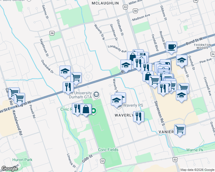 map of restaurants, bars, coffee shops, grocery stores, and more near 690 Frobisher Court in Oshawa