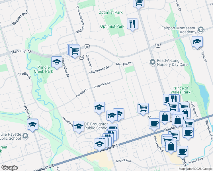 map of restaurants, bars, coffee shops, grocery stores, and more near 119 Frederick Street in Whitby