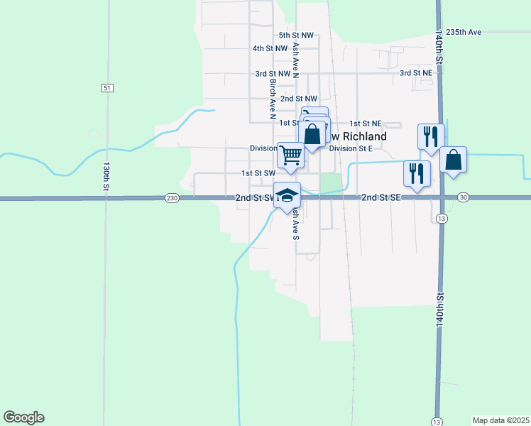 map of restaurants, bars, coffee shops, grocery stores, and more near 13 2nd Street Southwest in New Richland
